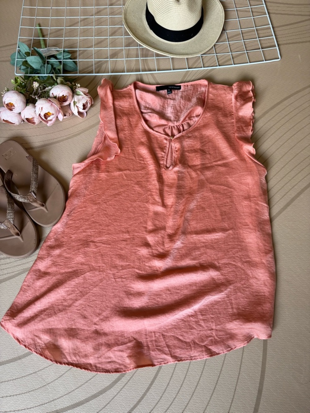 Harve Benard Coral Sleeveless Keyhole Ruffle-Trim Tank